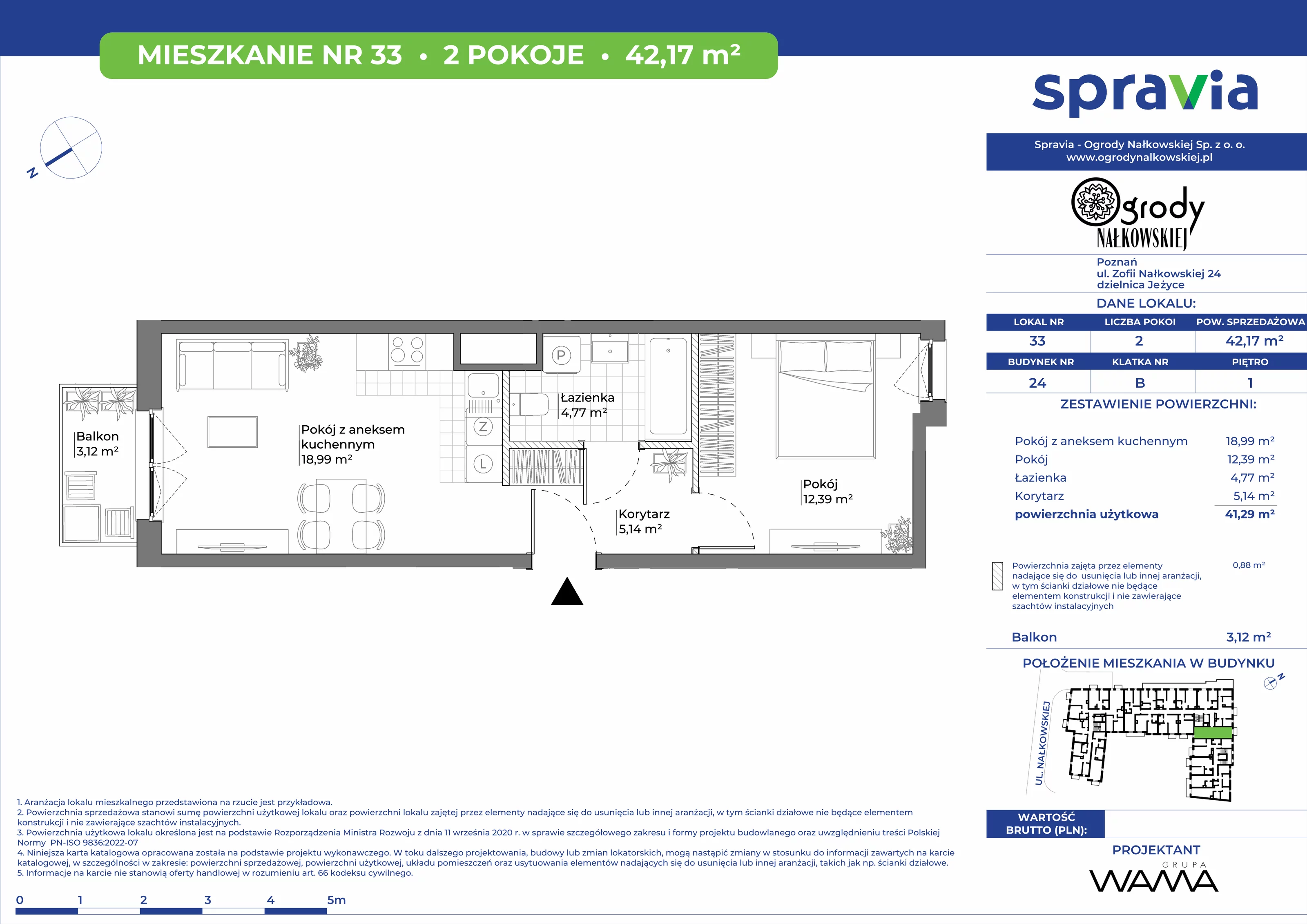 2 pokoje, mieszkanie 42,17 m², piętro 1, oferta nr 24-33, Ogrody Nałkowskiej, Poznań, Ogrody, ul. Nałkowskiej 24, 26